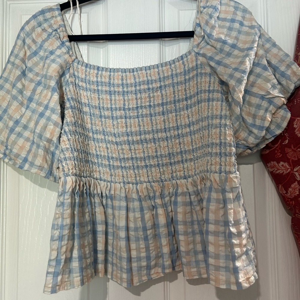 Blue and White Smocked Ruffled Blouse